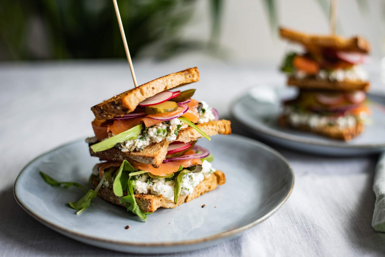 Clubsandwich met zalm en dille-Hüttenkäsespread