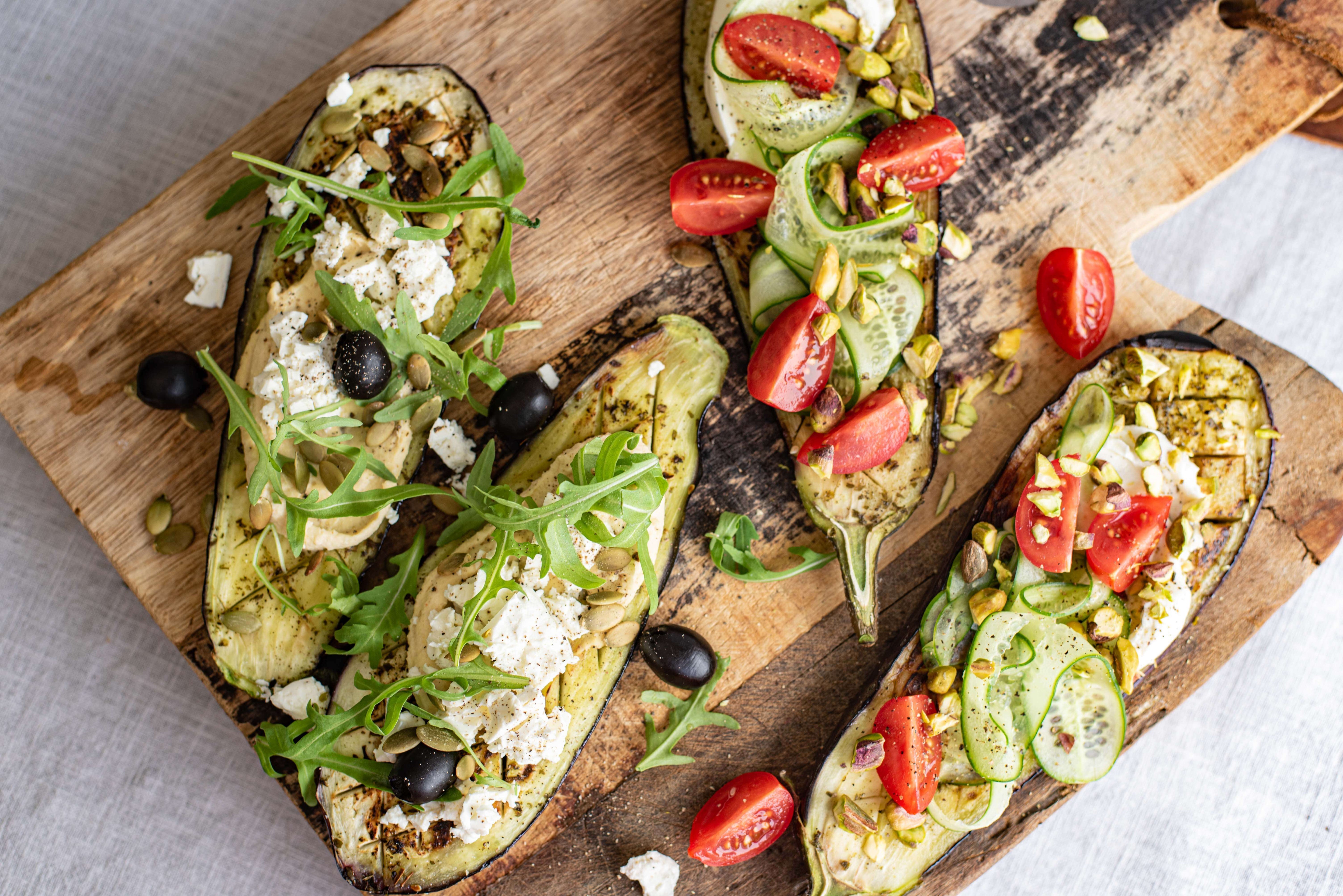 Aubergine-‘pizza’ met toppings