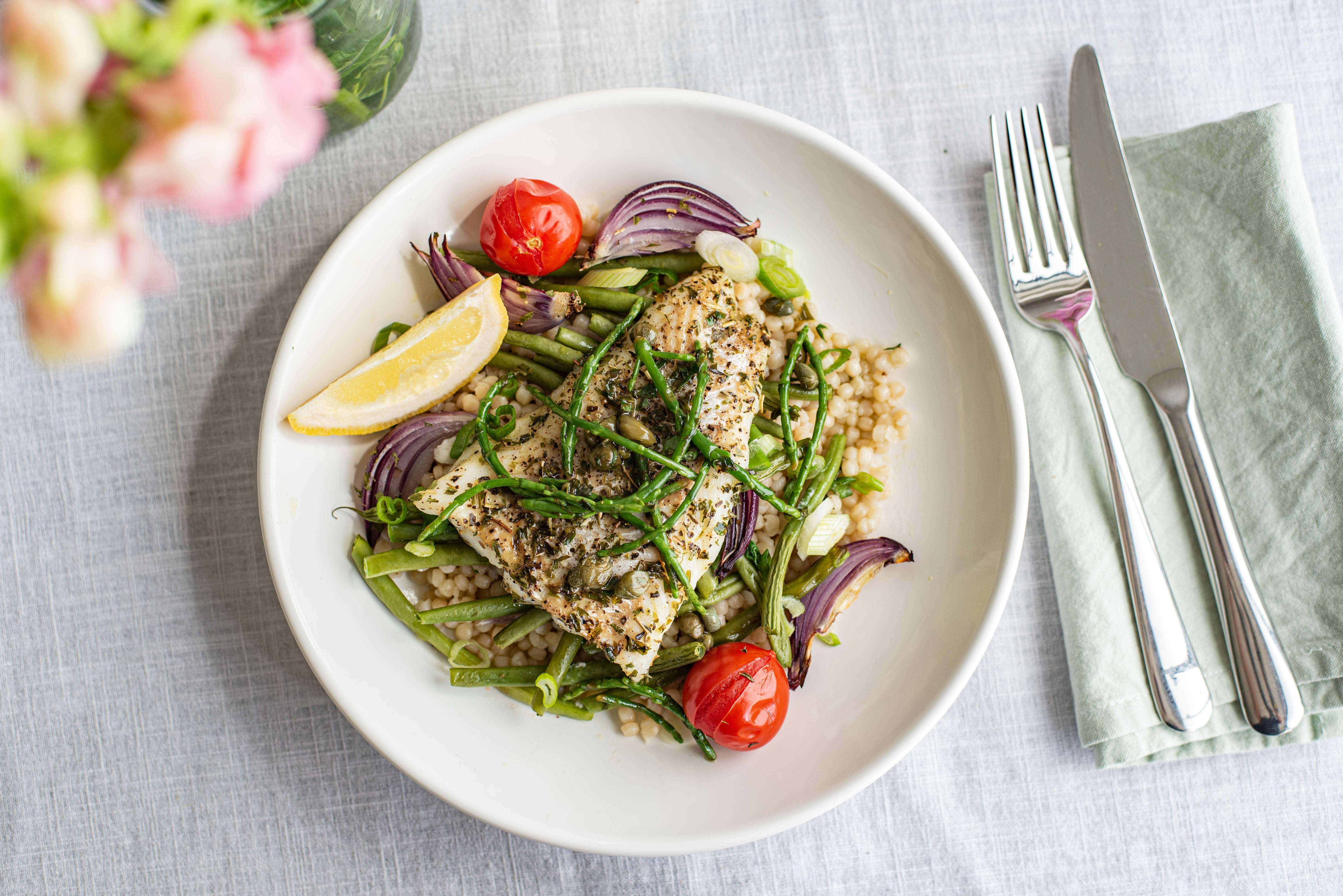 Kabeljauwfilet met zeekraal en parelcouscous